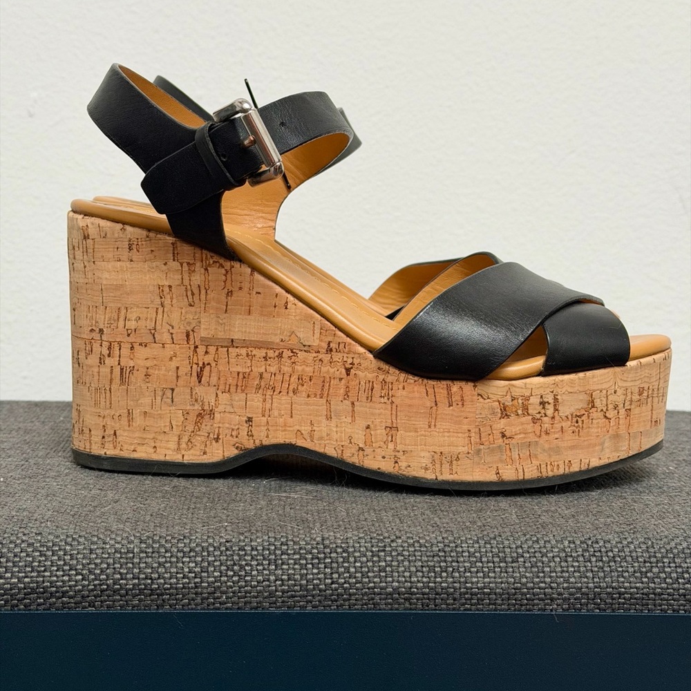 $450 POLO Ralph Lauren Platform Wedge Sandal In Black And Tan Size 37 1/2